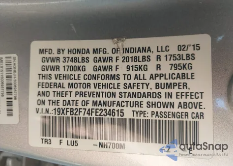 2015 Honda Civic Se из США, поврежденный, VIN 19XFB2F74FE234615